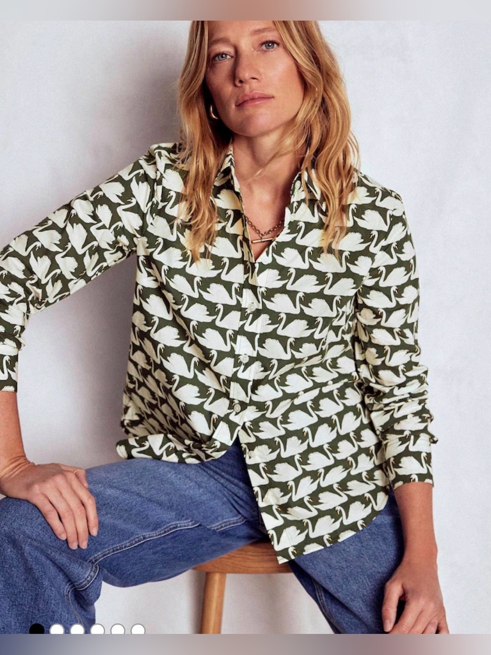 NWT Boden Olive Green Sienna Button-Down Shirt White Swan Print Sz 6